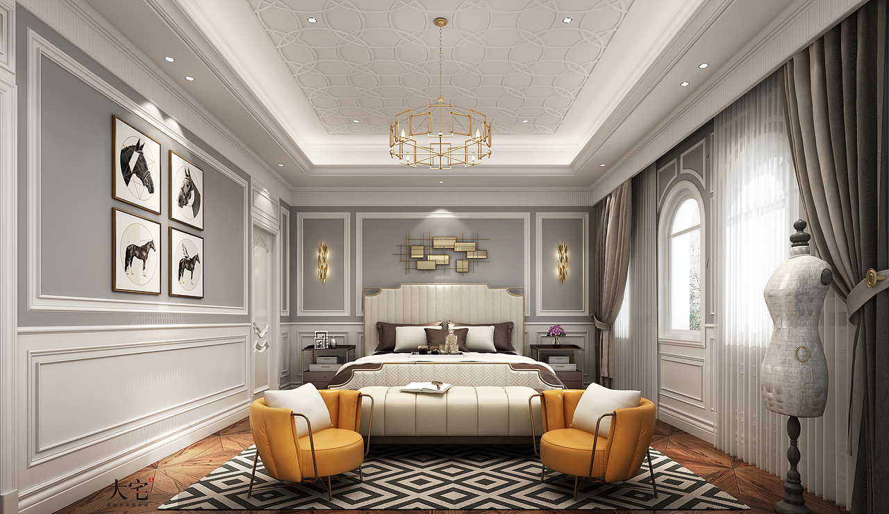 高级灰与爱马仕橙的搭配不得不说高级感巨赞,皮质床品与欧式石膏线相呼应,尽显奢华典雅