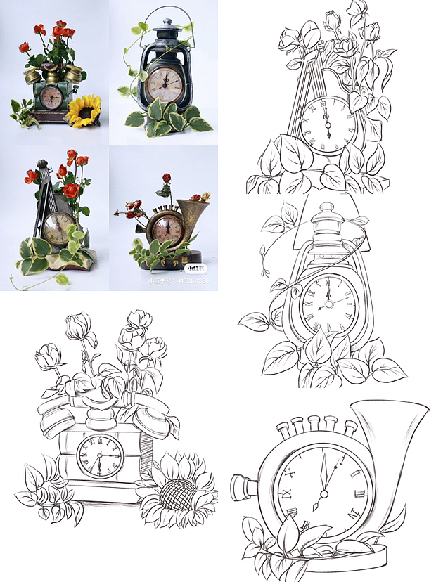 复古钟表乐器素材插画线稿（图ZMzU5ODE0MDU2） - 概念设定 - 站酷设计师xiaoxiao萍原创素材 - 站酷ZCOOL
