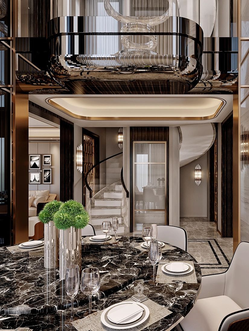 360㎡别墅轻奢风别墅设计挑空餐厅华丽豪宅