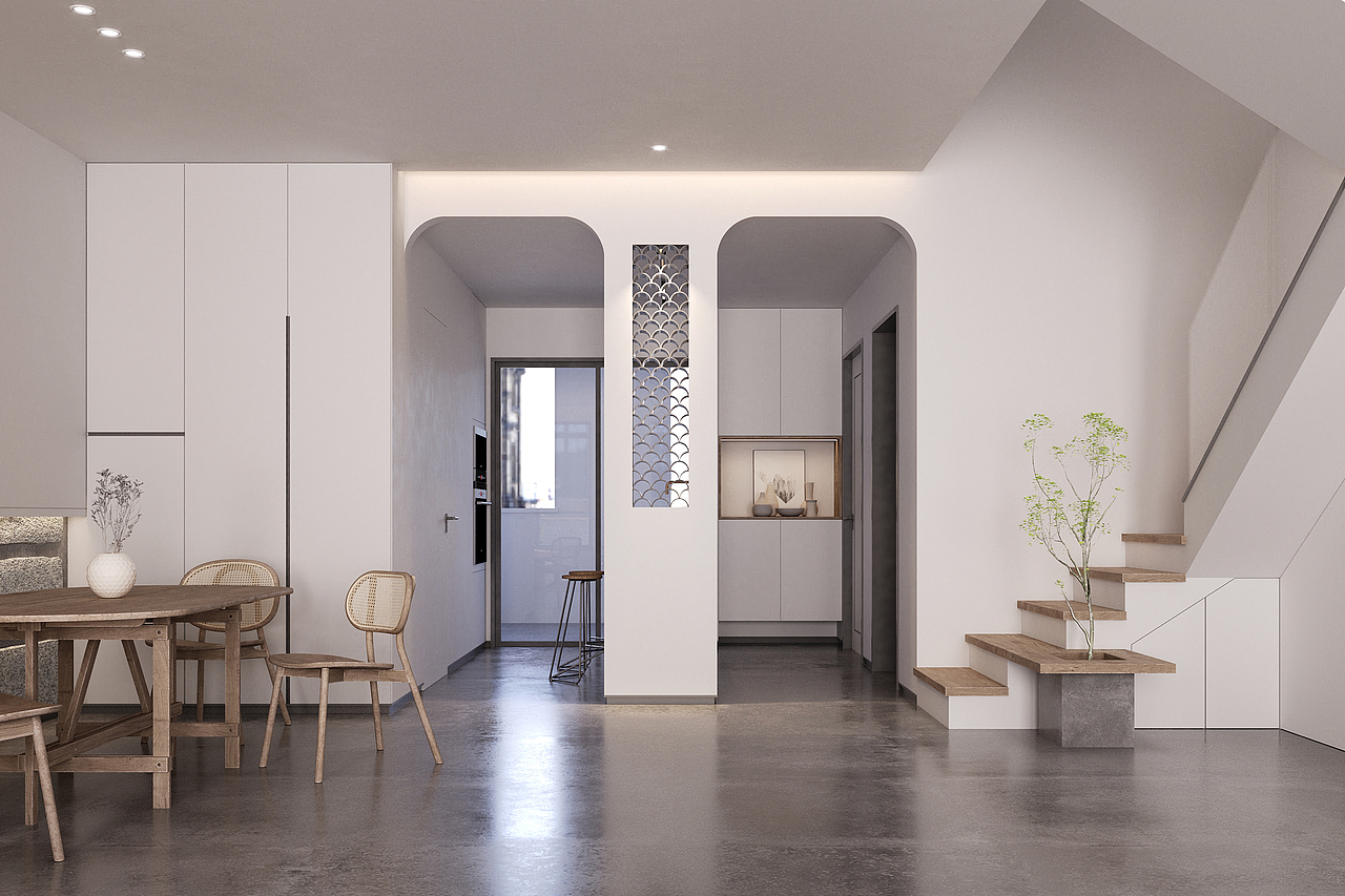 台面搭配隔断,分离了入户往厅与厅往厨房的两条动线。利用率高的同时,使得动线更清晰。