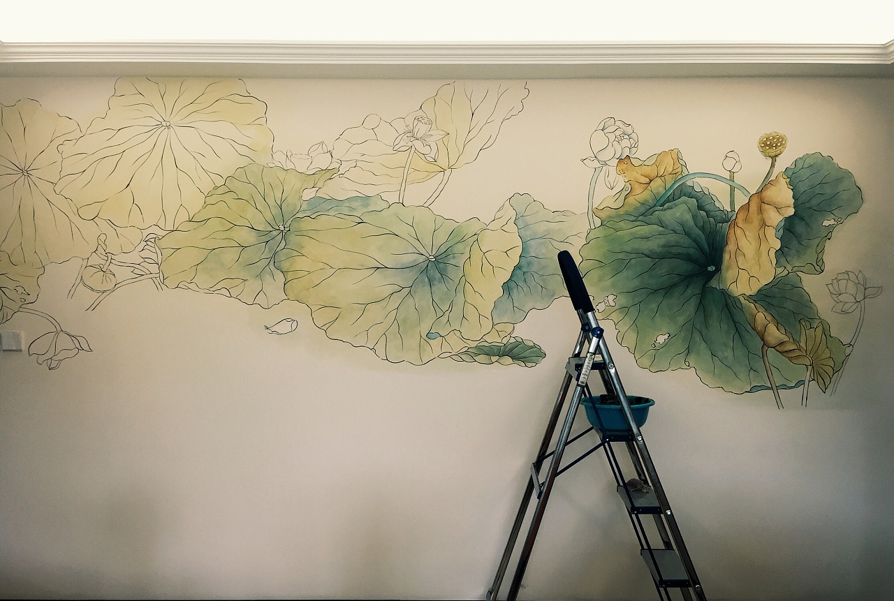 工笔荷花墙绘