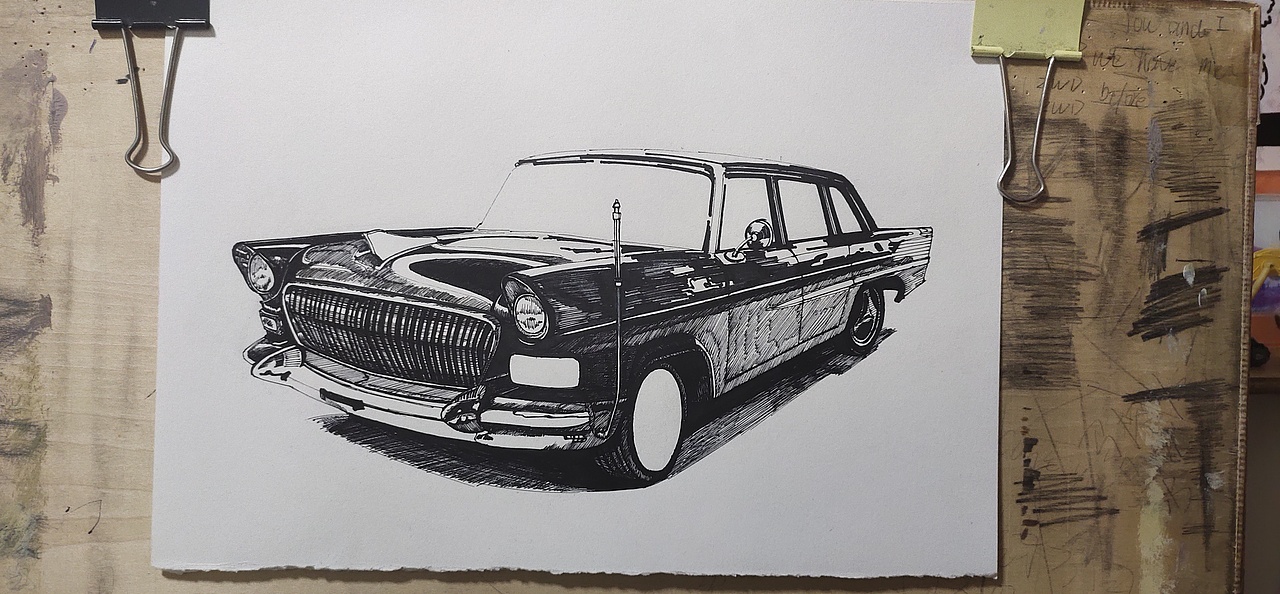 汽车手绘中性笔画之红旗轿车ca72