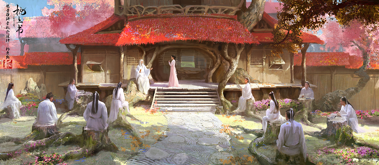 图为梵音谷讲堂概念图
一般我们设计讲堂,第一时间都会想到室内讲堂,室外讲堂就是不一样了,这个也是美术指导韩忠老师提供的一个想法。最后把讲堂用于青丘。