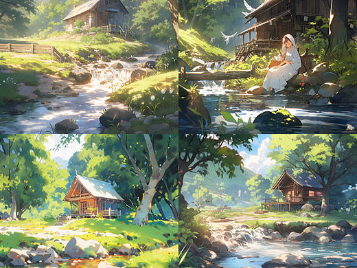 森林小屋，溪水潺潺