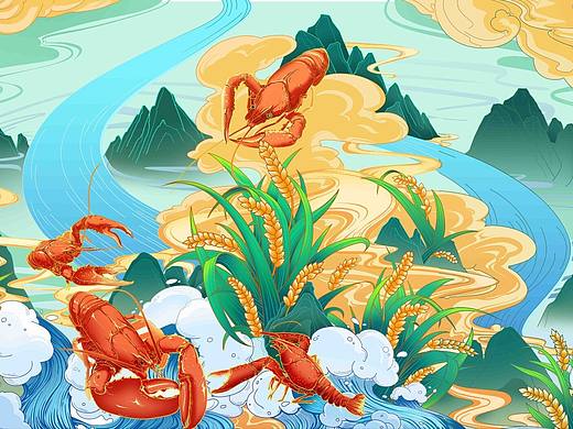虾稻生态米插画设计
