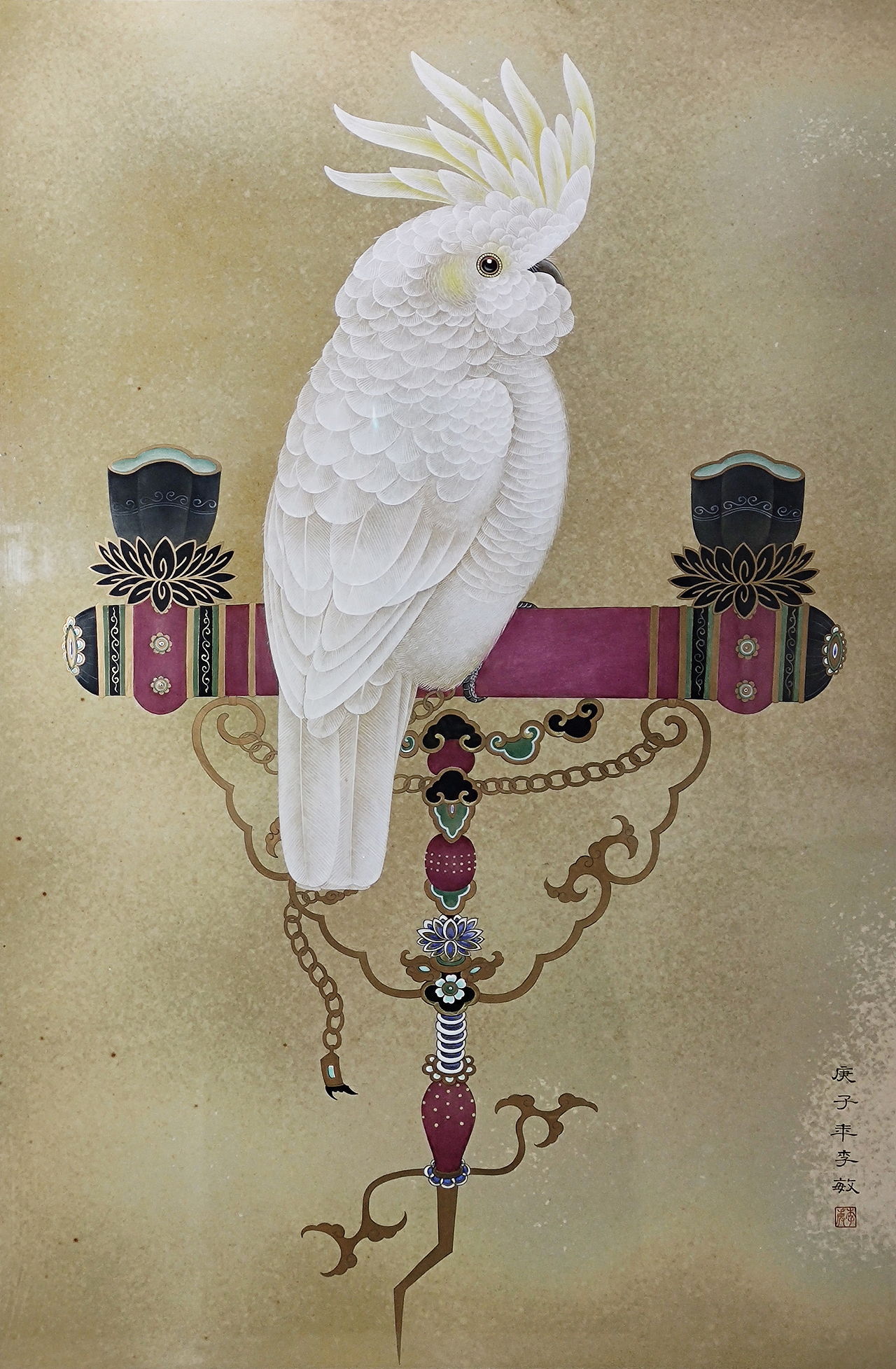 葵花鹦鹉颜色釉加彩瓷板画