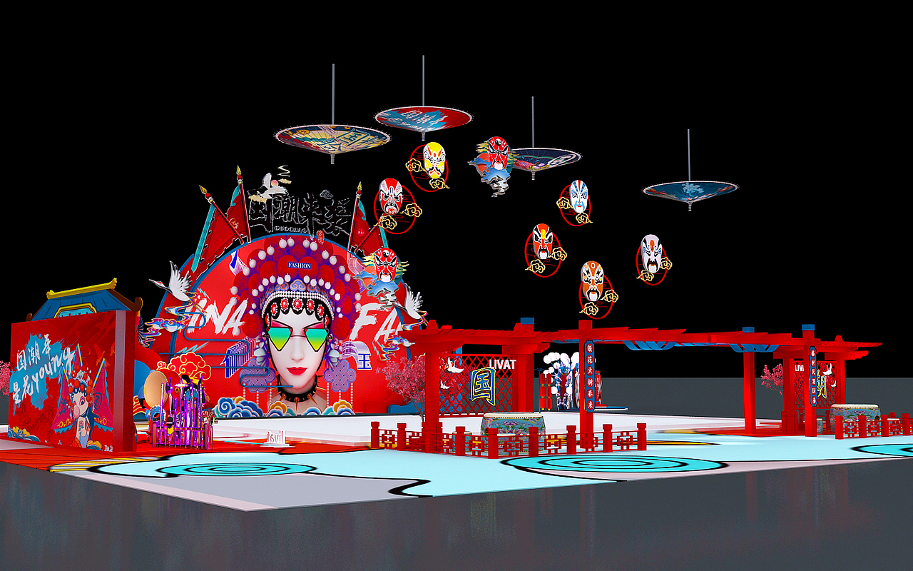 国潮风格商业美陈3d效果图设计国潮dp打卡拍照点位