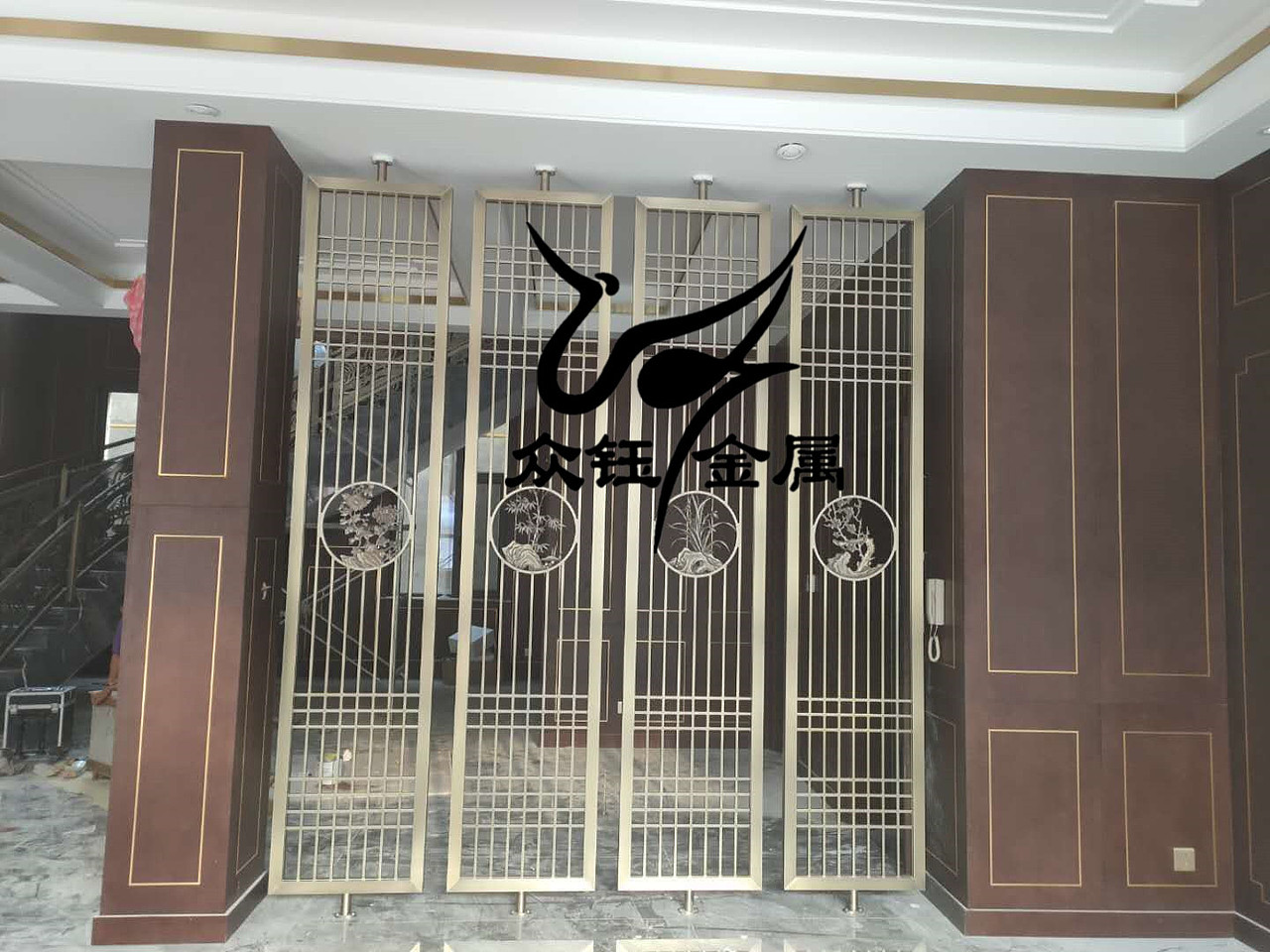 铝板浮雕新中式仿古铜屏风 别墅玄关家装
