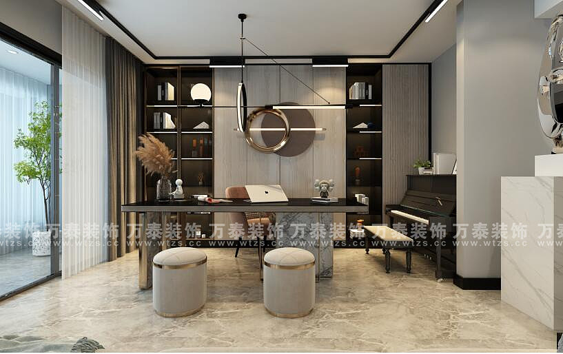 书房的空间较为狭长，又在客厅之内，书柜的定制及内部装饰极为重要，不但和客厅风格统一，装饰也要恰到好处，不然就会破坏整体效果；