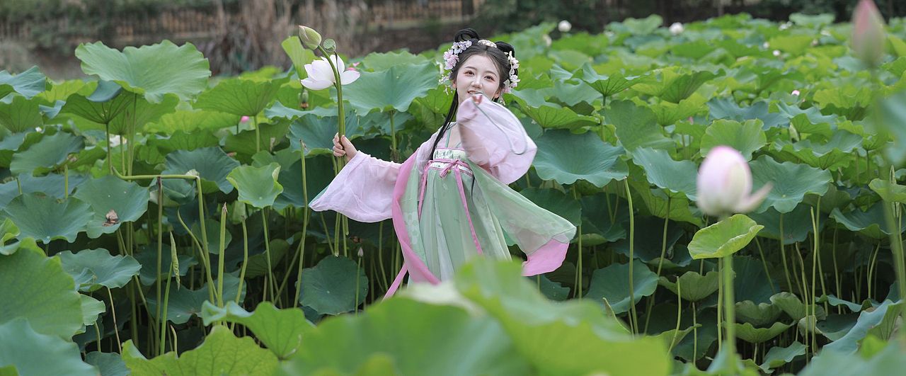 荷叶罗裙一色裁，芙蓉向脸两边开