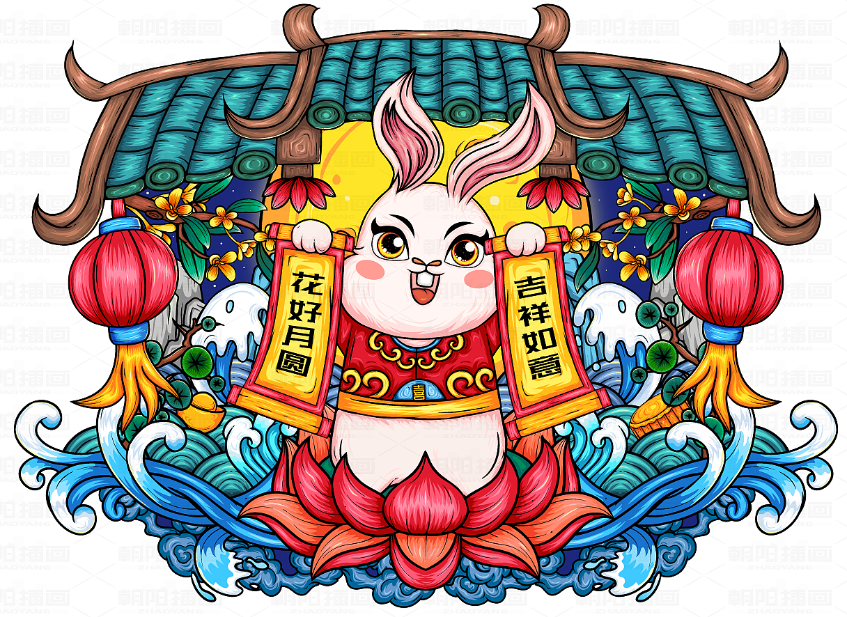 一系列的兔子国潮插画