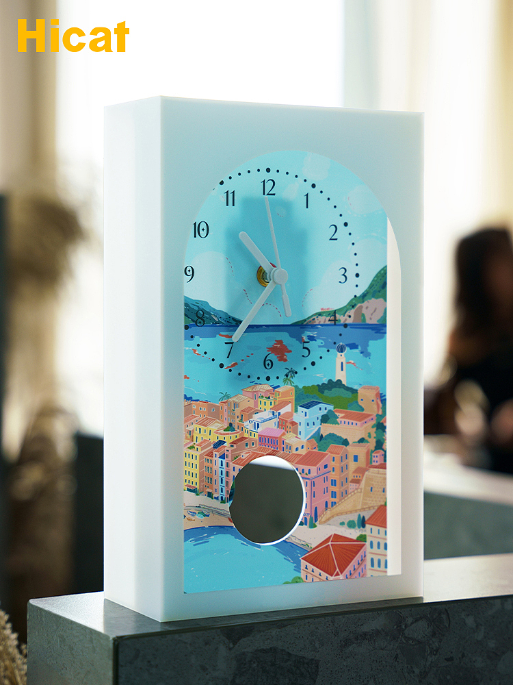 滨海城市风景插画摇摆台钟