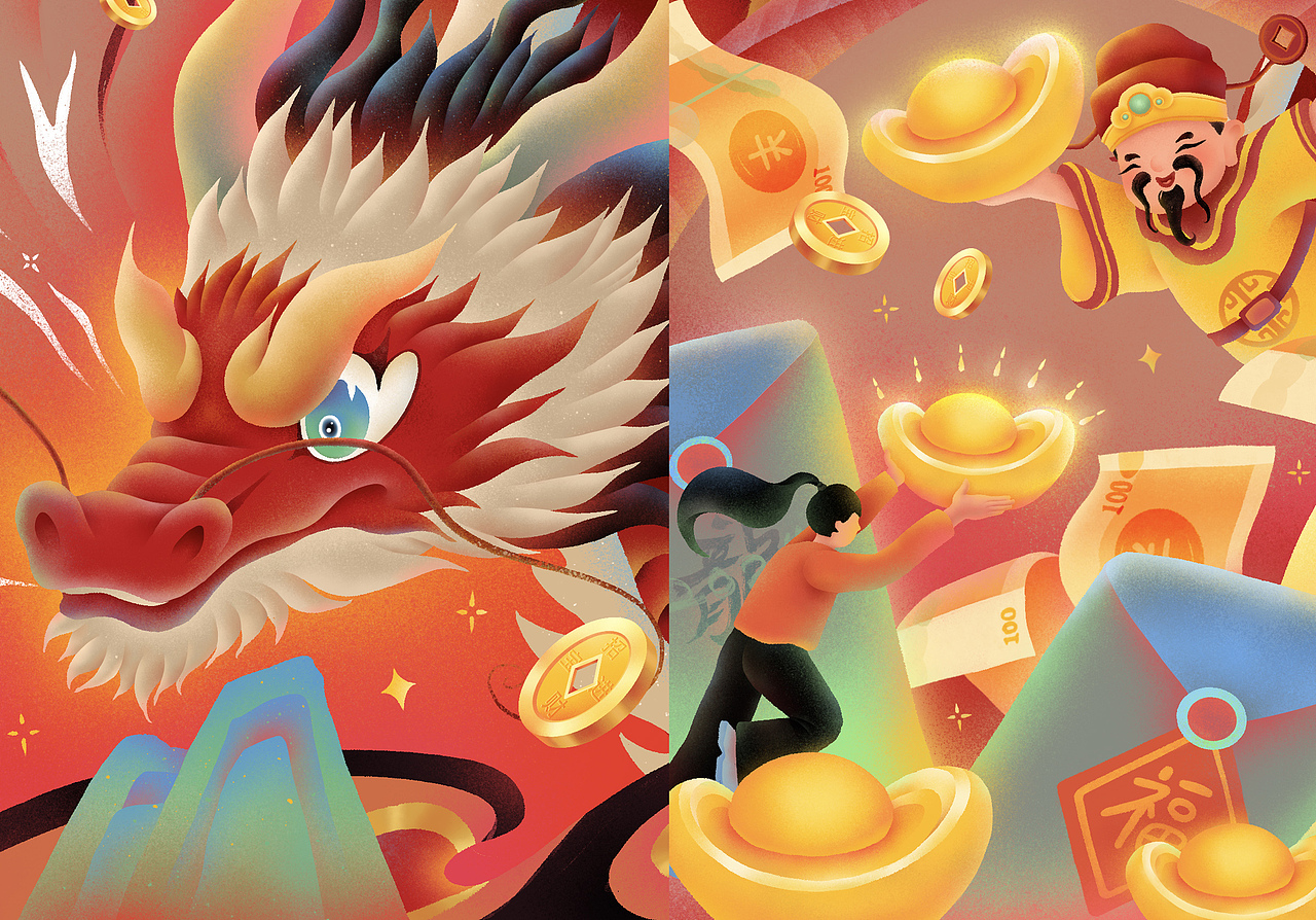 2024龙年插画 | 龙福财运图（图ZMzYwNTMwODA4） - 创作习作 - 站酷设计师蓝屿Lmxi原创素材 - 站酷ZCOOL
