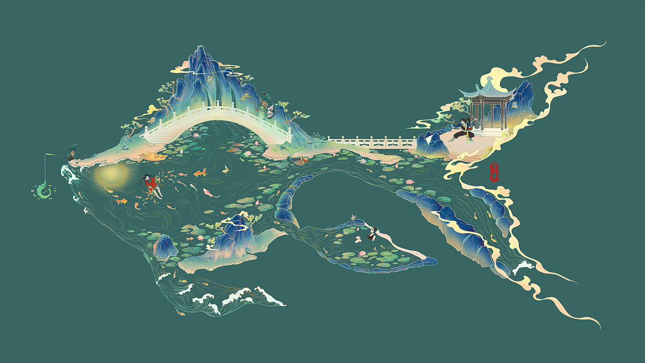 国风创意插画丨鱼塘