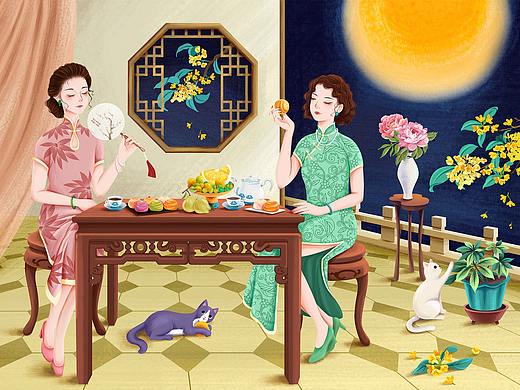中秋节月饼包装插画