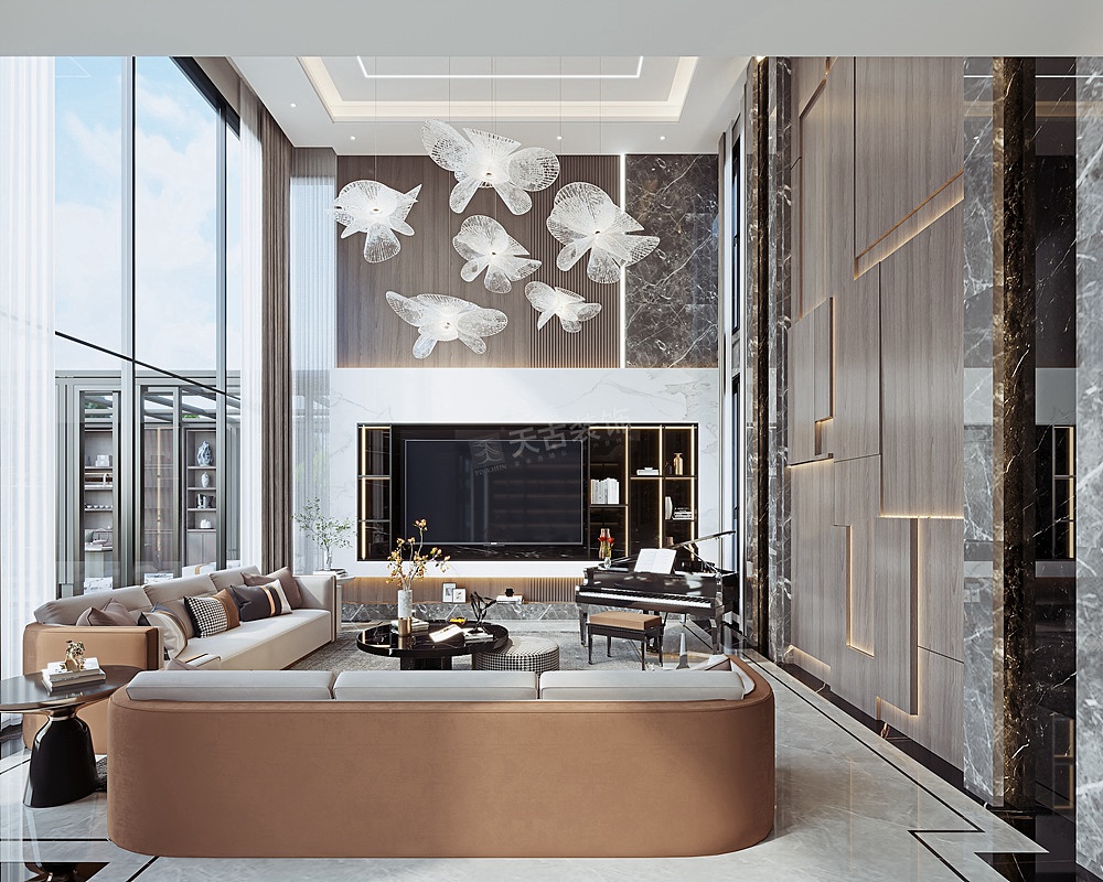 空间色调以温馨具有感染力的浅色为主，在细节的处理上会用金属线条作为点缀，处处体现出精致、沉稳、优雅的特质，展现主人对细节的精益求精。此空间中代表着多种设计元素的应用，在视觉上丰富而不凌乱，每个角度都是一道风景。