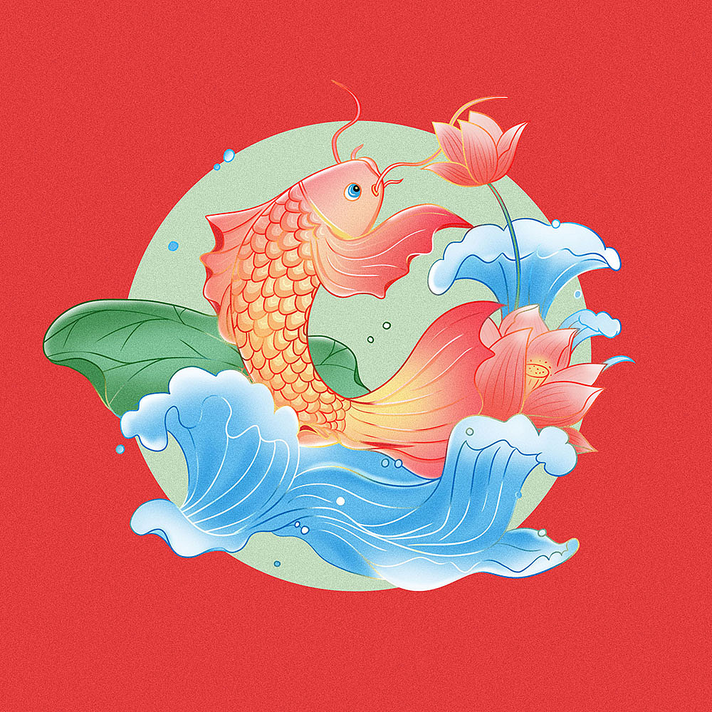 手绘国潮锦鲤荷花