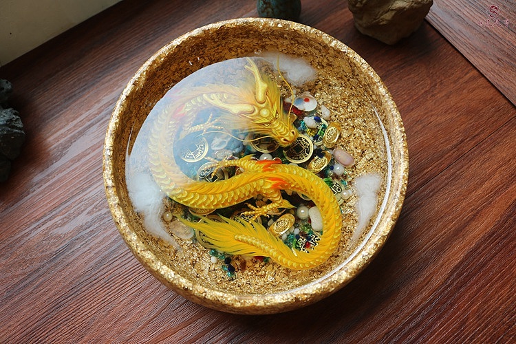 金箔龙池聚宝盆 3d树脂画