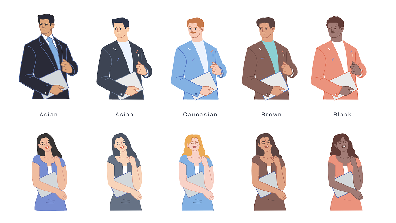 线条描边样式案例尝试与选择
<br>基础人物最终定稿<br>比例上我们基于自然的设计价值指引,并考虑到适配的业务场景是企业级产品为主,所以保留了符合人类 7~8 头的正常身高比例,不推荐使用Q版、低幼或者过度夸张的设计比例,在外观上棱角的处理会偏圆滑柔和,线条表现手法上也做了简化处理,描边不会使用全轮廓化,而是灵活出现在结构、阴影等交界处,让画面看起来更轻量清爽;<br>身高比例 :7~8头身比例