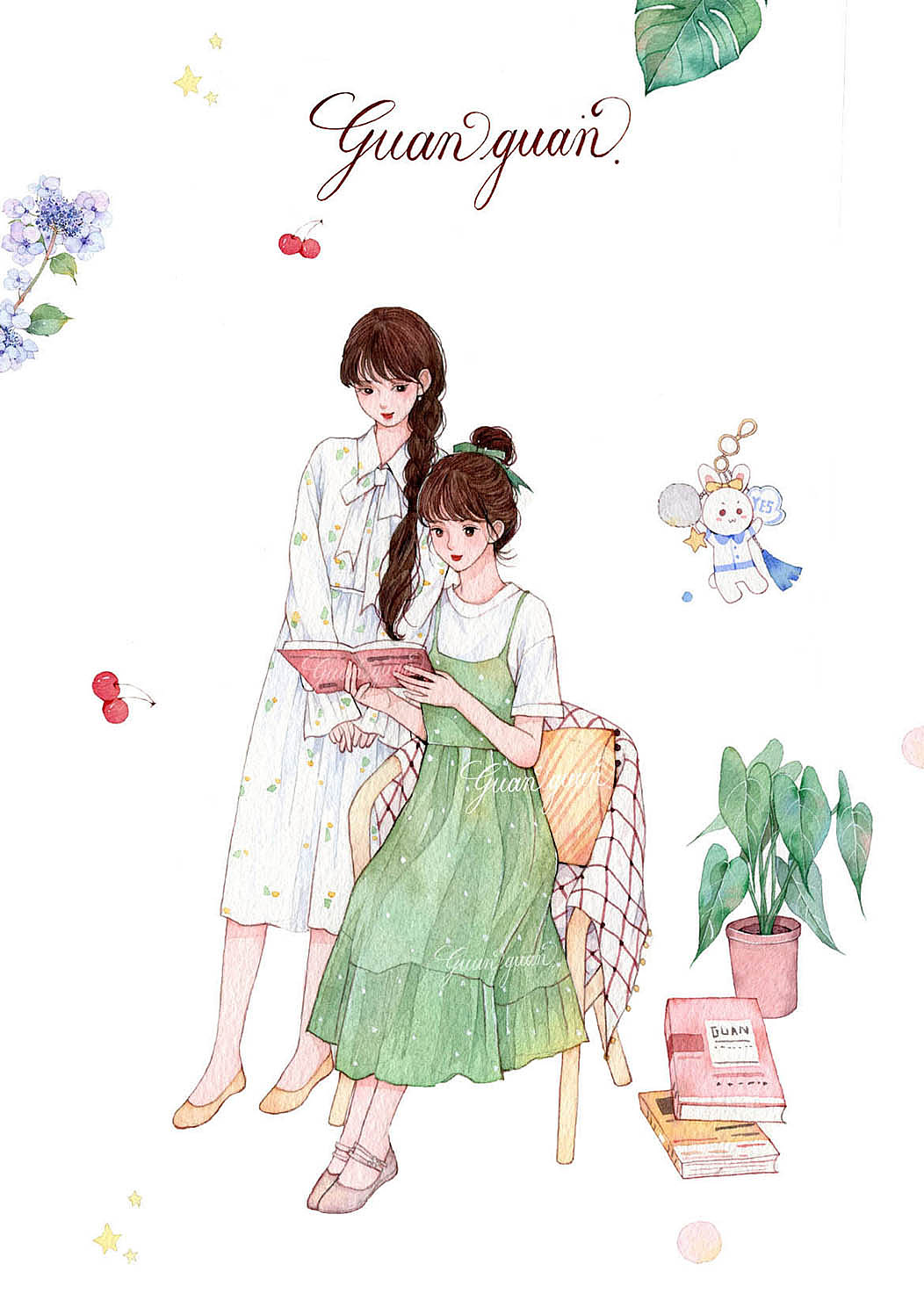 闺蜜穿搭水彩插画