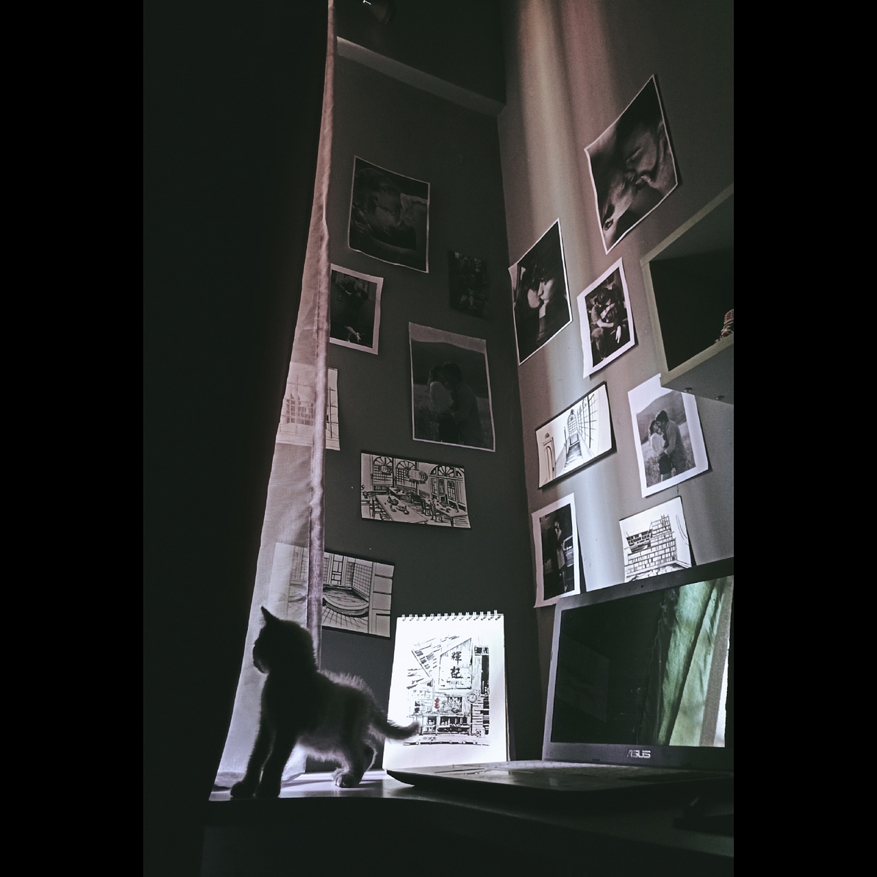 ↑(贴墙的是一些平时小练习的画以及一些网图印出来 边上有一个壁柜没拍全 桌子是墙挂那种转角吧台)