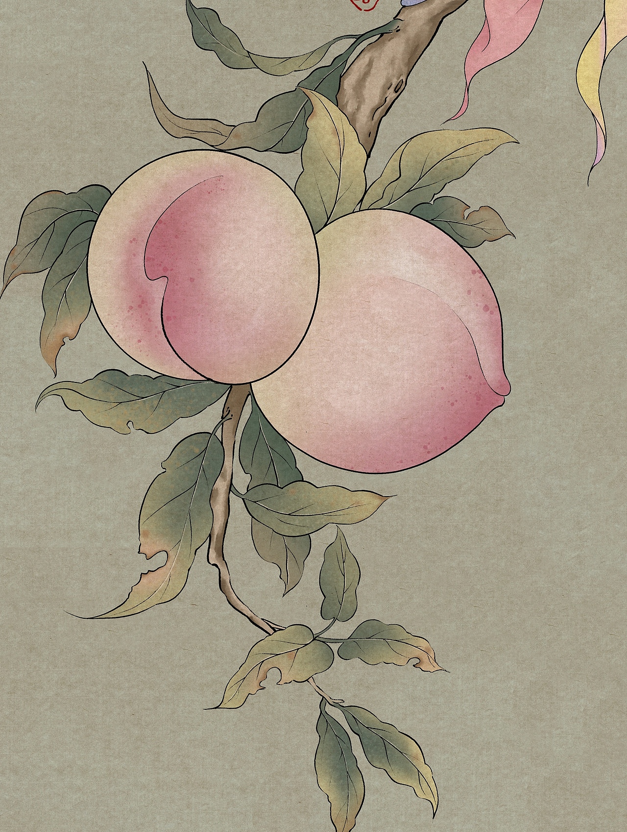 仿工笔插画——仙桃压枝垂