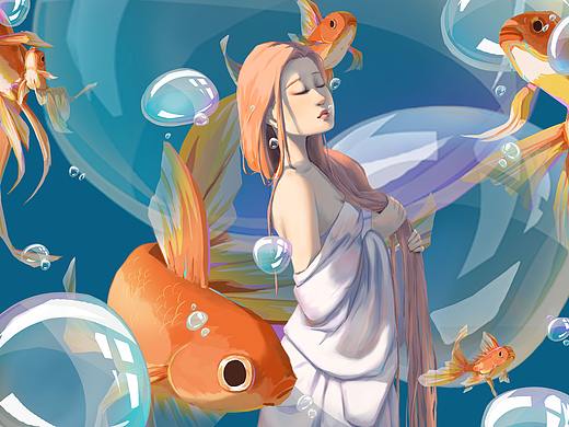 金鱼、泡泡、少女