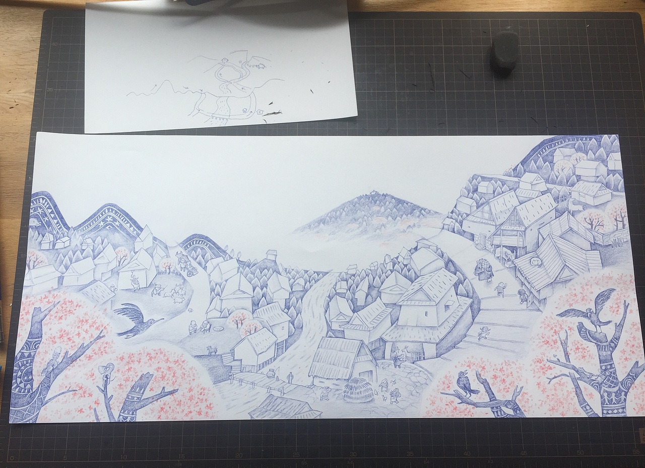 寨子的清晨（图ZODY0NzkzNjA=） - 儿童插画 - 站酷设计师榆树下画原创素材 - 站酷ZCOOL