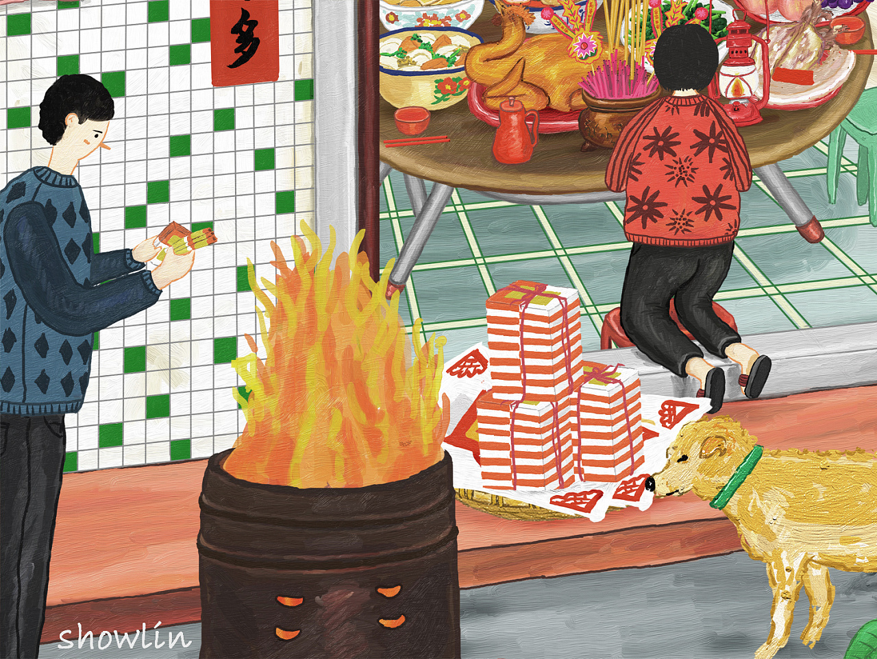 潮汕民俗—元宵节·潮汕人家拜祖公|插画|商业插画|showlin - 原创