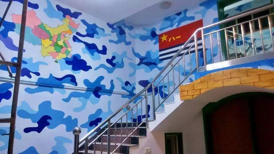 南京鱼餐馆墙体创意彩绘y手绘迷彩墙来了