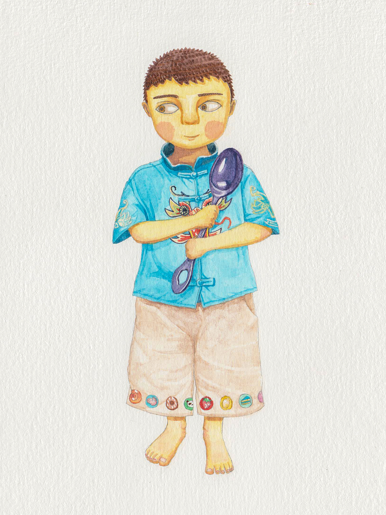 尺寸:A5 材料:普通马利水彩颜料
<br>这是我画的第三只斜眼怪,来源于我两岁的外甥,他的个头很小,所以图中的衣服都会显得比较大件,裤子上的小图案都是他爱吃的和爱看的。有一次我们买了几十块钱的抓阄玩具让他挑,里面有金算盘,毛笔,书...而我外甥只挑中在最角落的勺子,看来真是个妥妥的吃货呢~