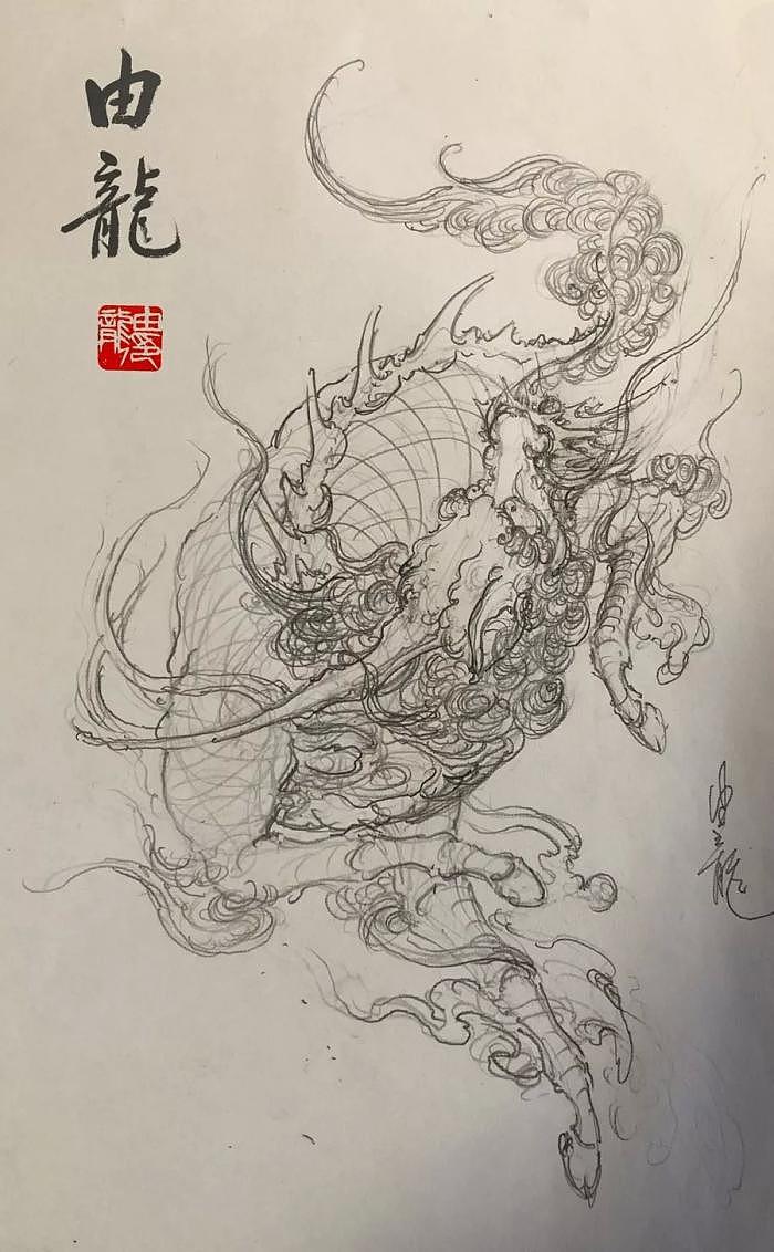 上海由龙纹身原创麒麟纹身手稿