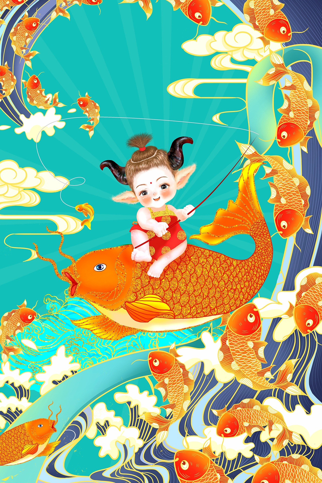 骑着大鲤鱼钓鱼牛娃娃（图ZMjMzMjgwMDg0） - 商业插画 - 站酷设计师Z54624674原创素材 - 站酷ZCOOL