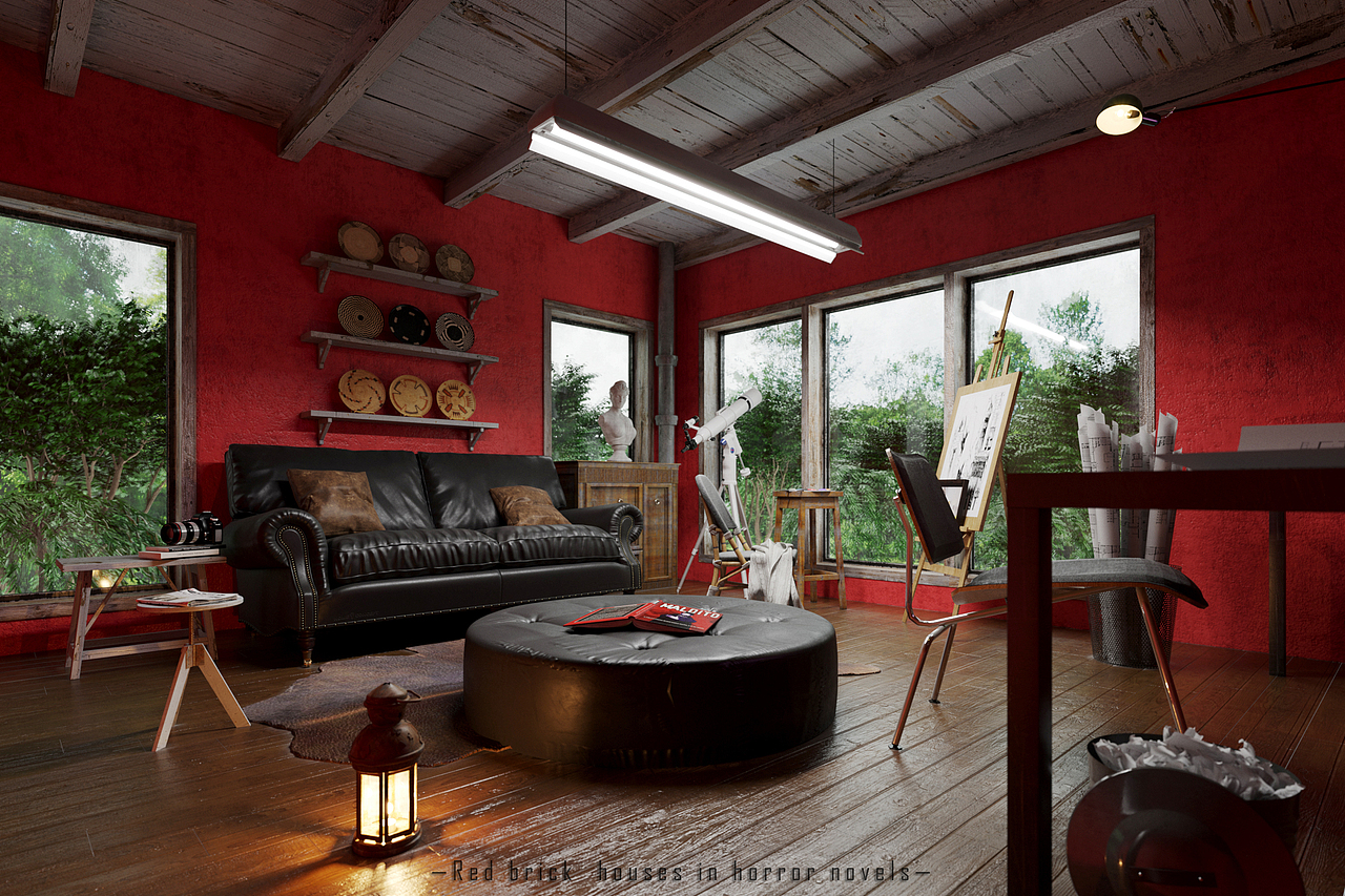 一缕红漆，油油绿树，一盏白炽灯。