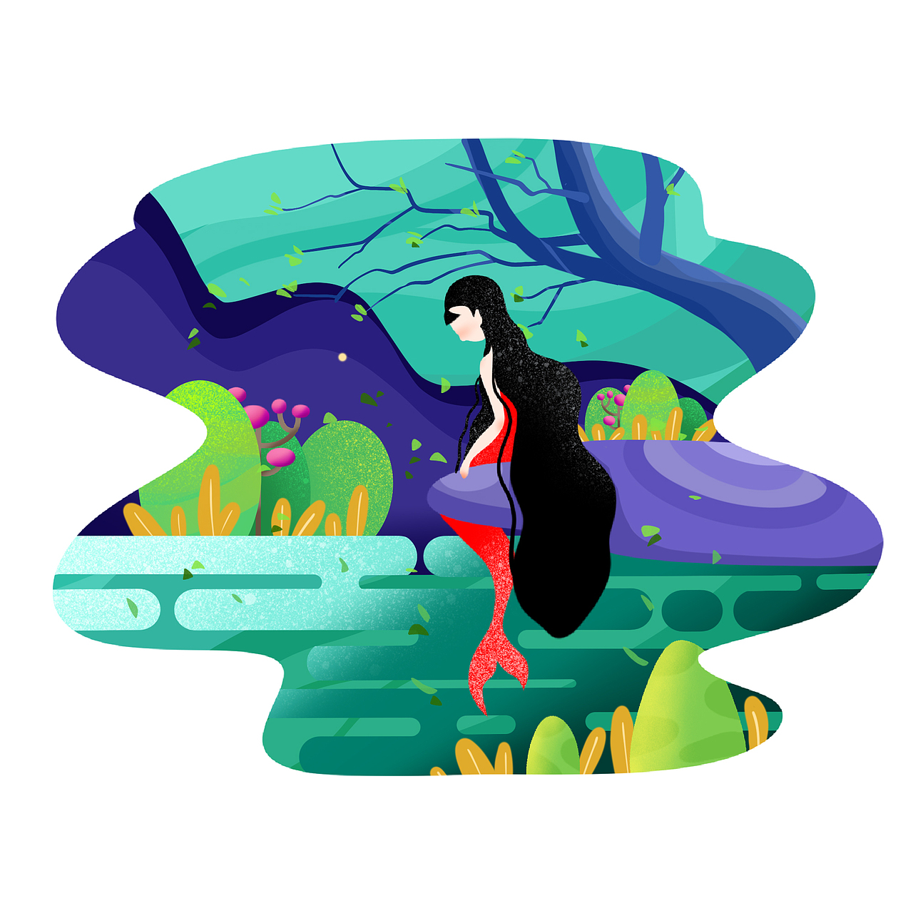 夏日里坐岸上看风景的红色美人鱼（图ZMjE2MTE0NTg4） - 商业插画 - 站酷设计师十豆加禾原创素材 - 站酷ZCOOL