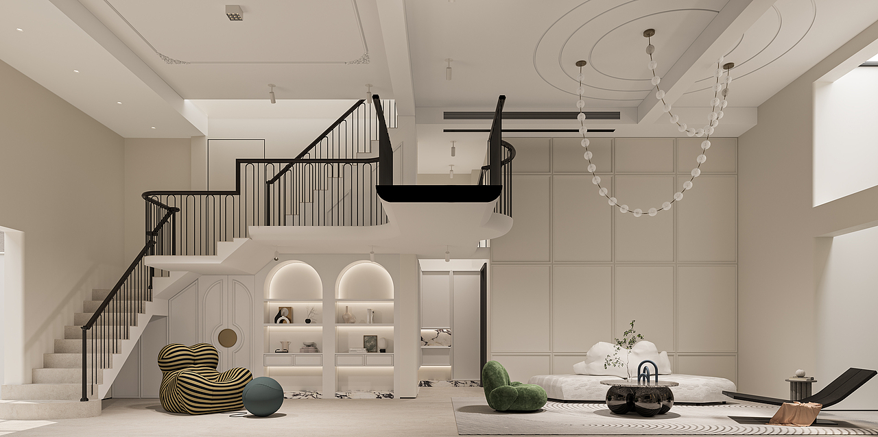 挑空客厅沙发背景墙设计弧形造型柜