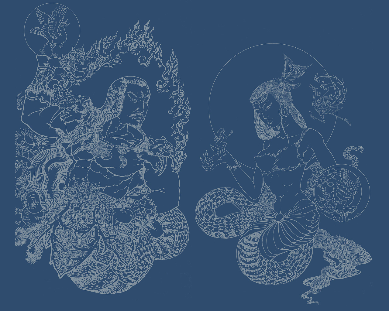 伏羲女娲白描稿上色前嘚瑟一下