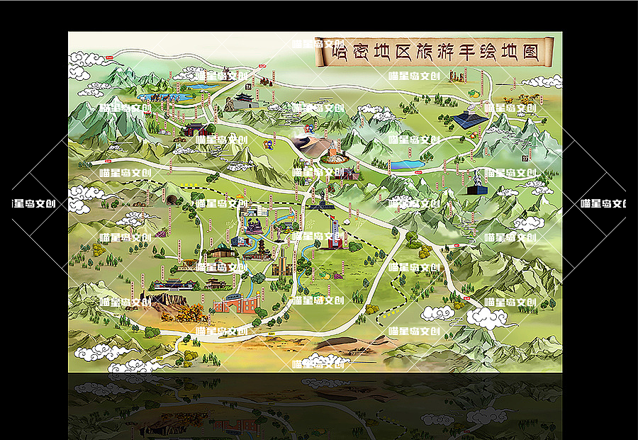 哈密的一套手绘地图喵星岛文创出品