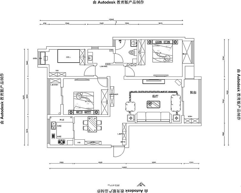 维也纳湖畔装修效果图134平三室两厅美式乡村风格设计方案---平面布局图