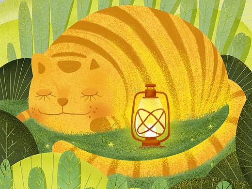 插画练习-治愈系草丛里的猫咪晚安插画