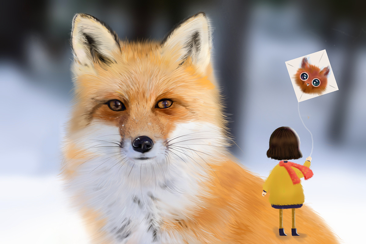 22-小动物写实练习.一幅是小狐狸和小女孩,还有一幅是小猫和小狗.