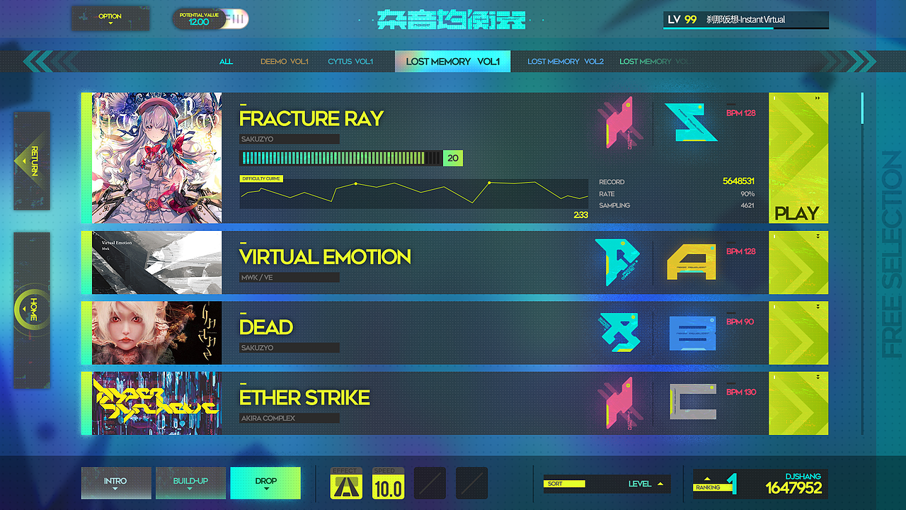 自由模式-选曲界面： ​​​​上方是快速切换曲包DLC切页。中间选曲界面用了竖排列表的形式，有未点开和点开两个状态，点开会展开并播放曲子，然后会显示具体的一些数据，还有一个难度曲线（打完曲子通关才会解锁显示）。下方是一些设置选项（难度、速度、皮肤、歌曲排序、当前选中曲子的排行等）。
吐槽：感觉这个界面元素有点太多了，所以排版并不是特别好看。