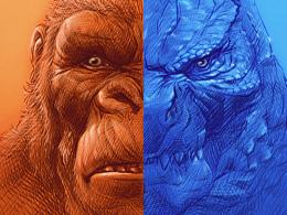 哥斯拉大战金刚 GODZILLA vs KONG 手绘海报