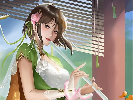 池塘边的吹箫少女
