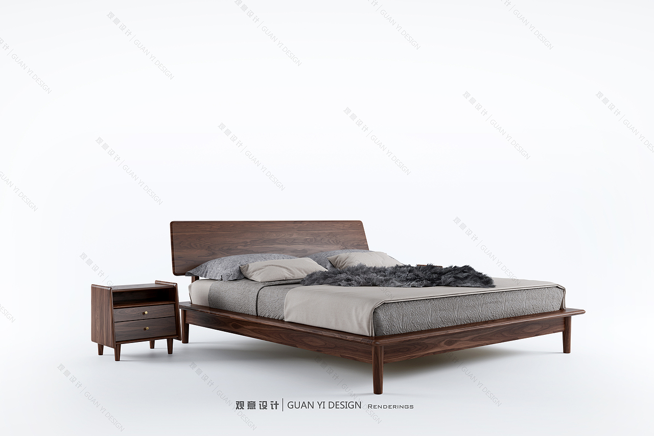 現(xiàn)代黑胡桃實(shí)木床+床頭柜表現(xiàn)（圖ZMTg0ODE2ODA0） - 生活用品 - 站酷設(shè)計(jì)師觀意設(shè)計(jì)原創(chuàng)素材 - 站酷ZCOOL