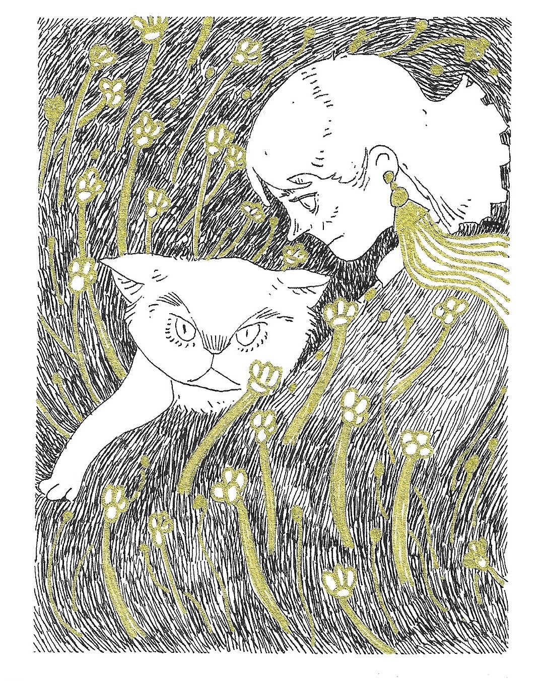 钢笔画插图|猫 少女和鲜花