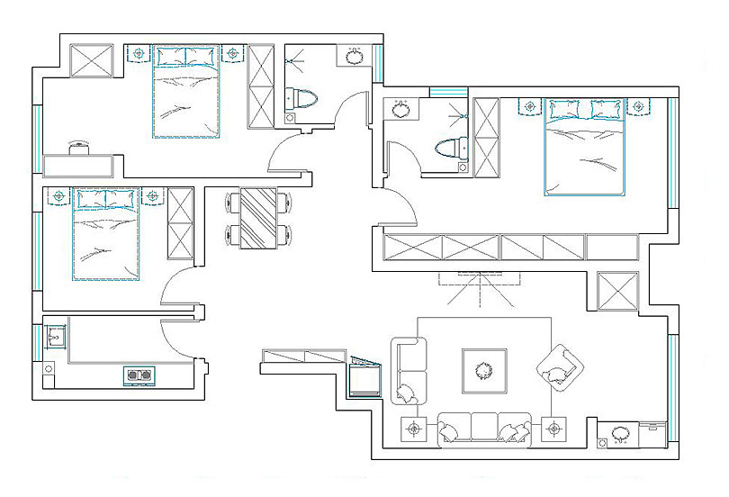 美巢金域世家124平三室两厅户型装修设计平面图