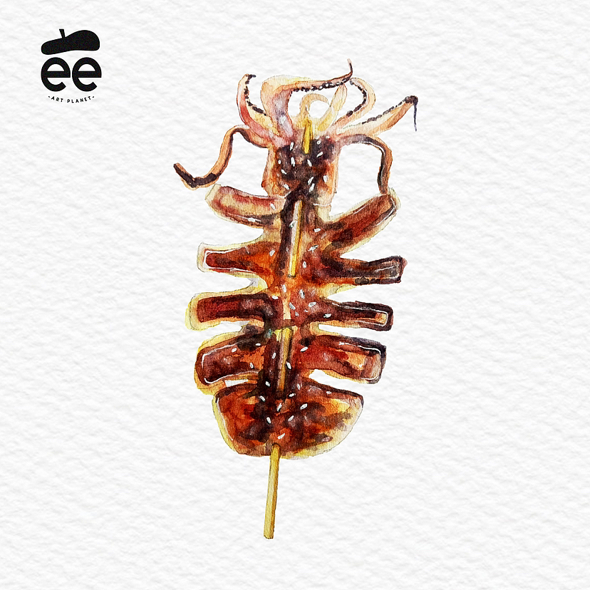 手繪水彩台灣小吃|珍奶|烤魷魚|控肉飯|臭豆腐