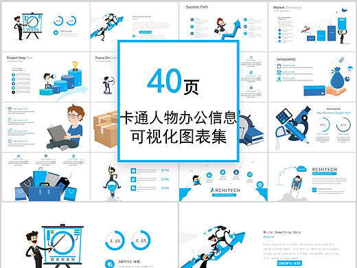40套蓝色趣味卡通人物风办公信息可视化PPT图表合集