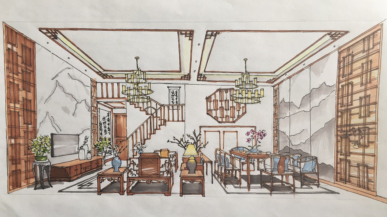 马克笔手绘客餐厅效果图